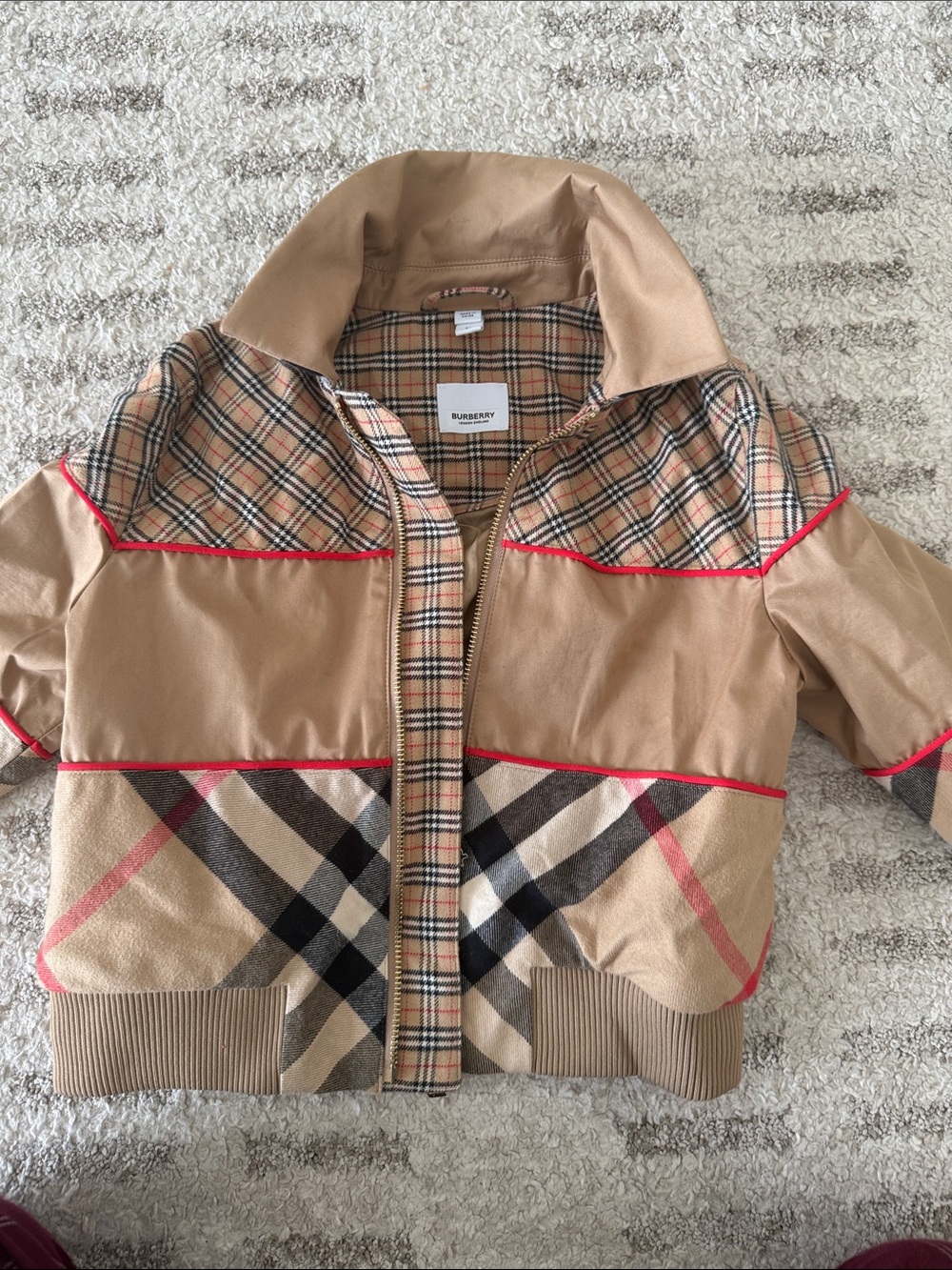 Burberry Beige Plaid-Panel Kids Puffer Jacket with Red Trim
